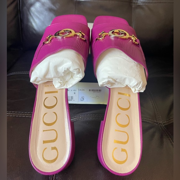 Gucci Shoes - Authentic Gucci Zumi 25 Leather Slide Sandals - Fuchsia Women’s Size 40(9.5 -10)